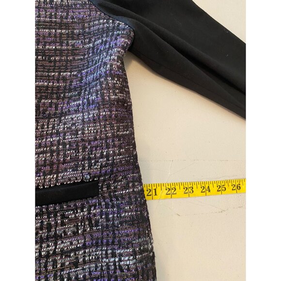 Chicos 1 Tweed Metallic Jacket W/ Black Stretch Sleeves & Fringe Hem Medium - Picture 8 of 10